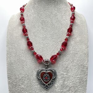 Artisan Red Glass Beaded Silver Tone Gothic Heart Pendant Necklace Statement
